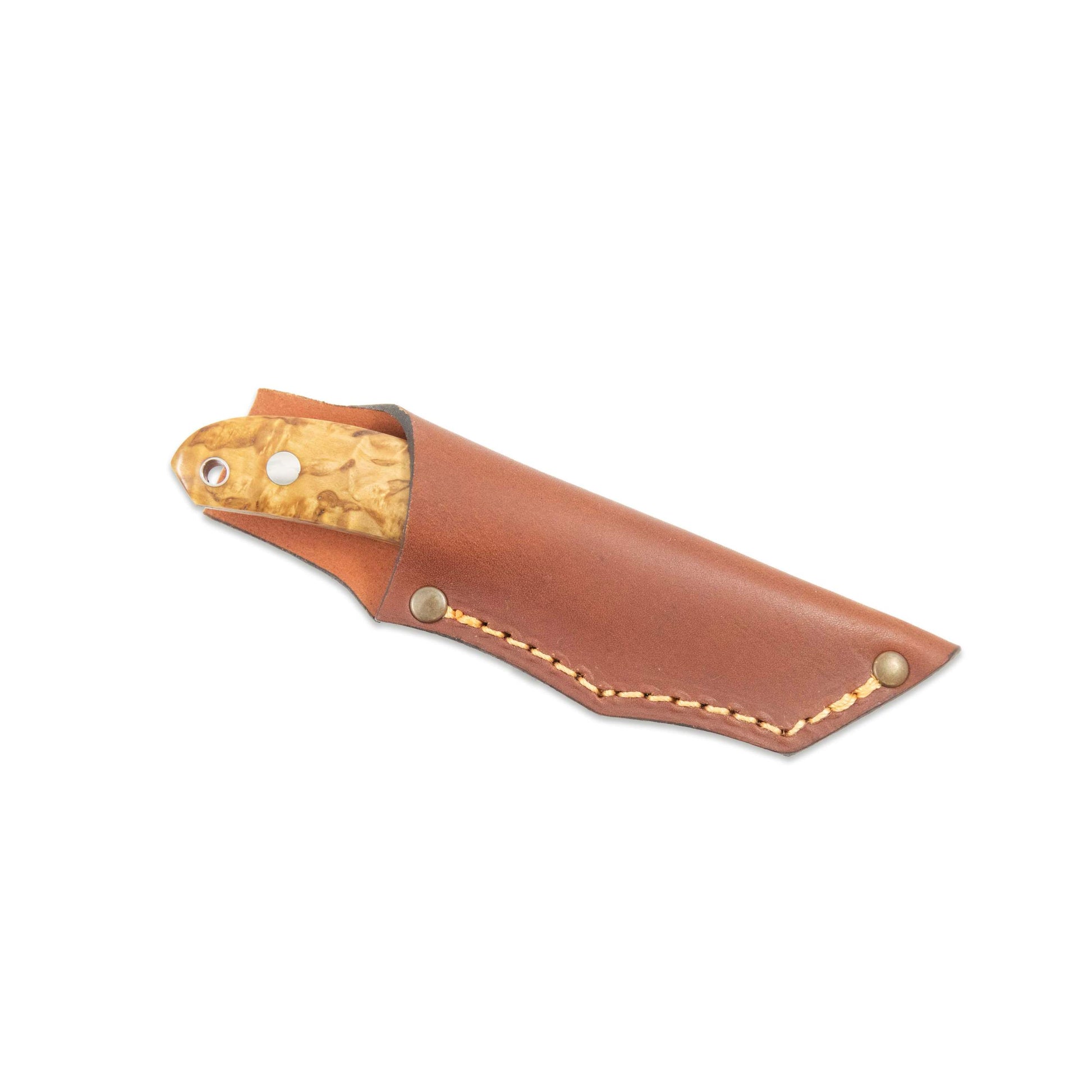 Casström Safari belt knife with curly birch handle and sheathed in a cognac brown leather sheath