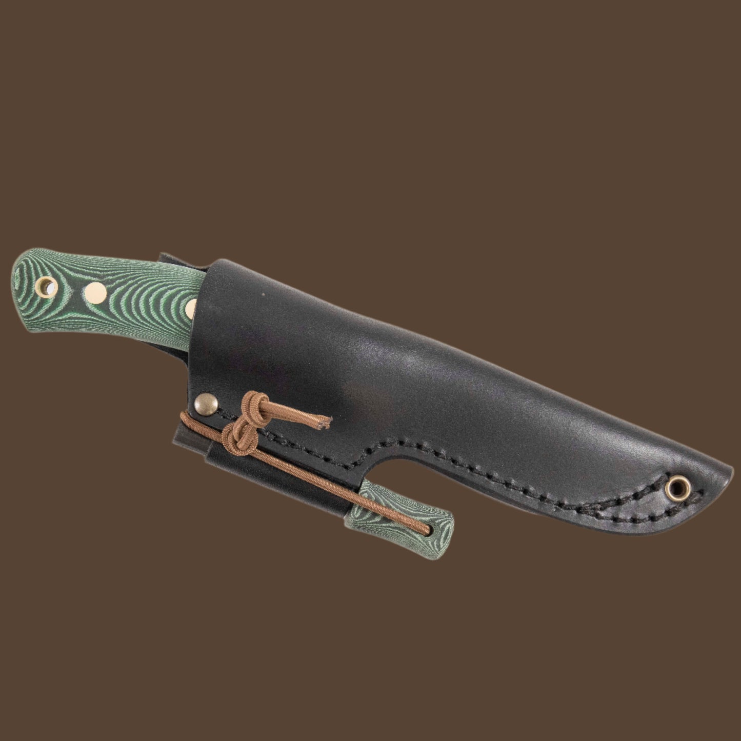 Casström No.10 Swedish Forest Knife with a green micarta handle, shown in a black leather sheath, accompanied by a matching green micarta firesteel attached to the sheath.