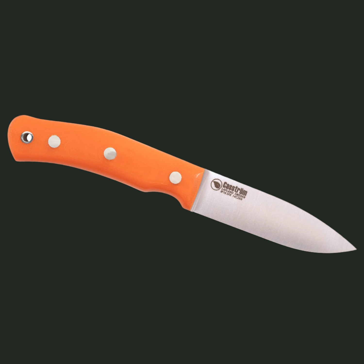 Studio image of the Casström No.10 Swedish Forest Knife Flat Grind with orange G10 handle on a white background.
