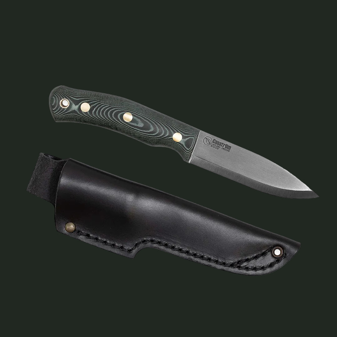 Casström Limited edition No.10 SFK knife with green micarta handle on a white background