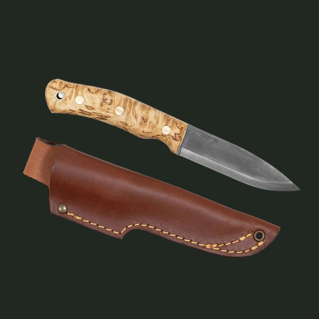 Casström Limited edition No.10 SFK knife with curly birch handle on a white background