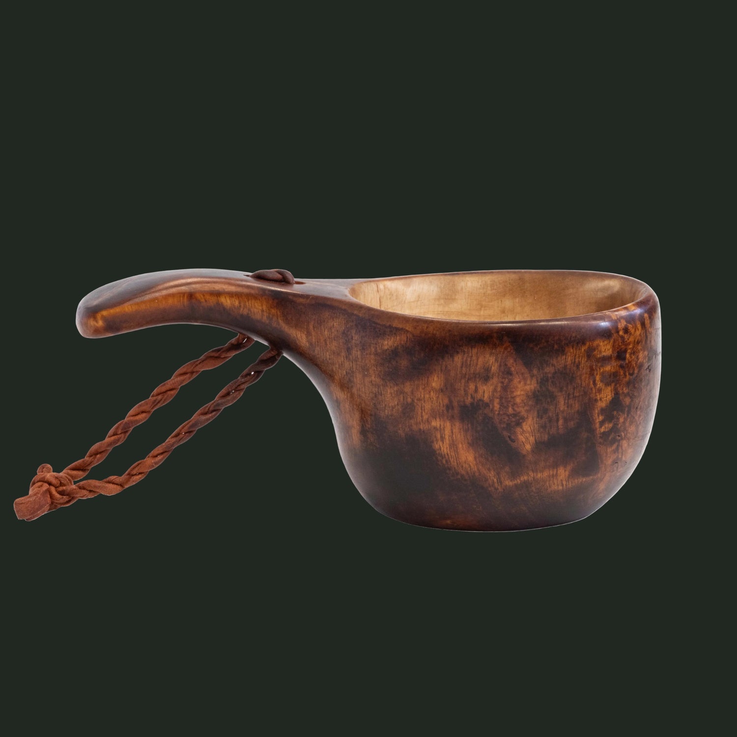 Casström Järv kuksa, in stained curly birch, with cord of twisted reindeer leather