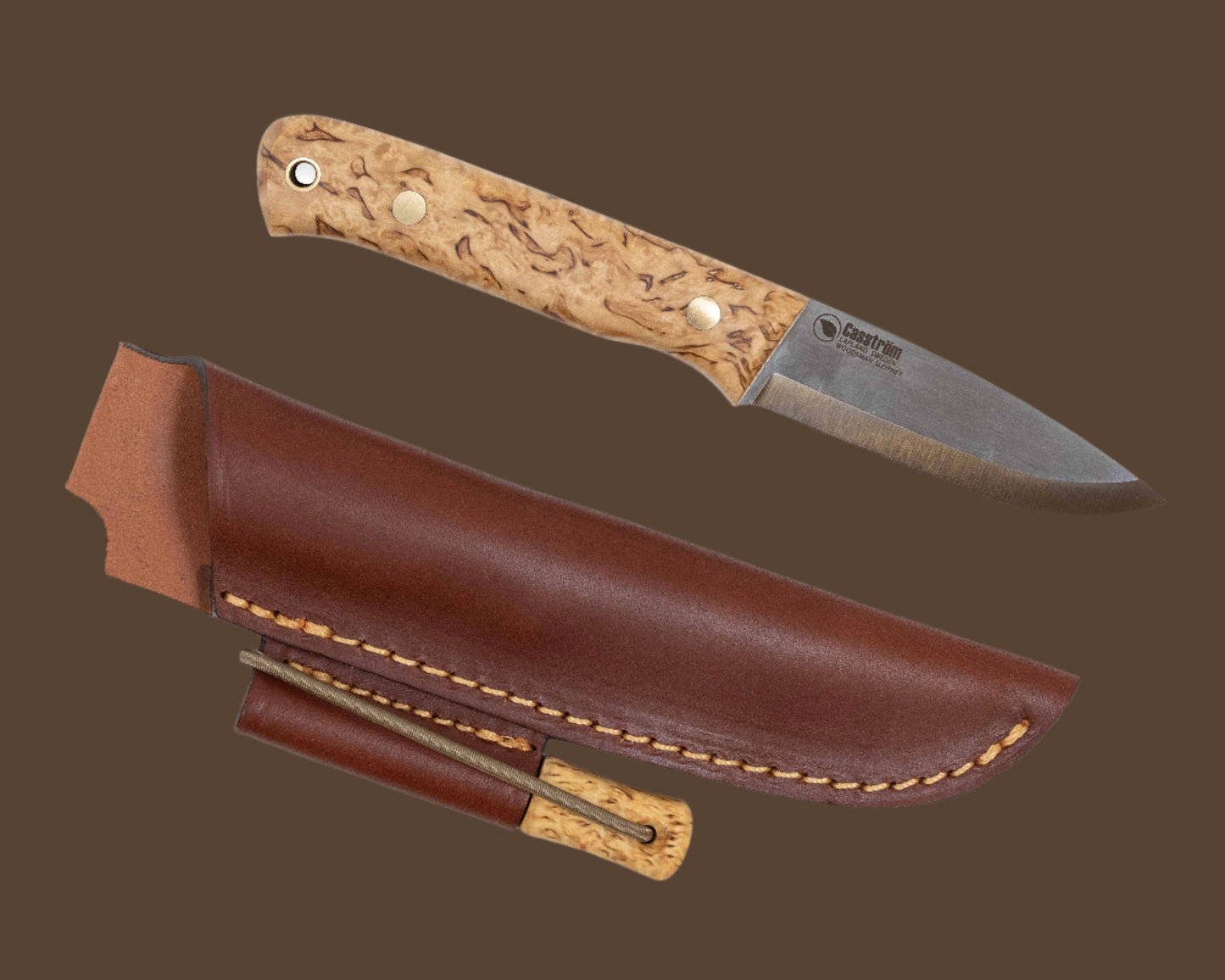 Casström Woodsman knife - curly birch Handle, with leather sheath and matching firesteel