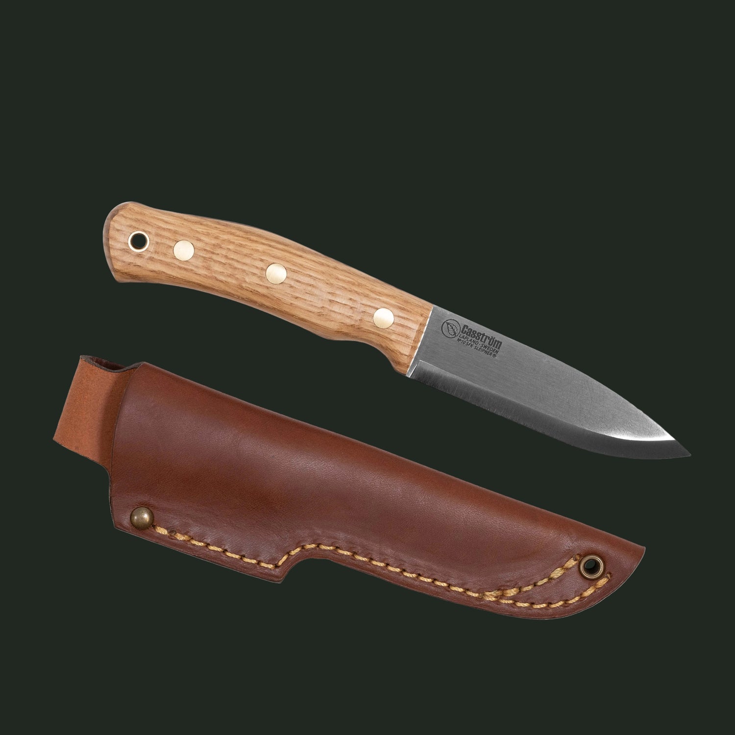 Casström No.10 Swedish Forest Knife on a white background featuring classic Scandinavian bushcraft design and leather sheath.