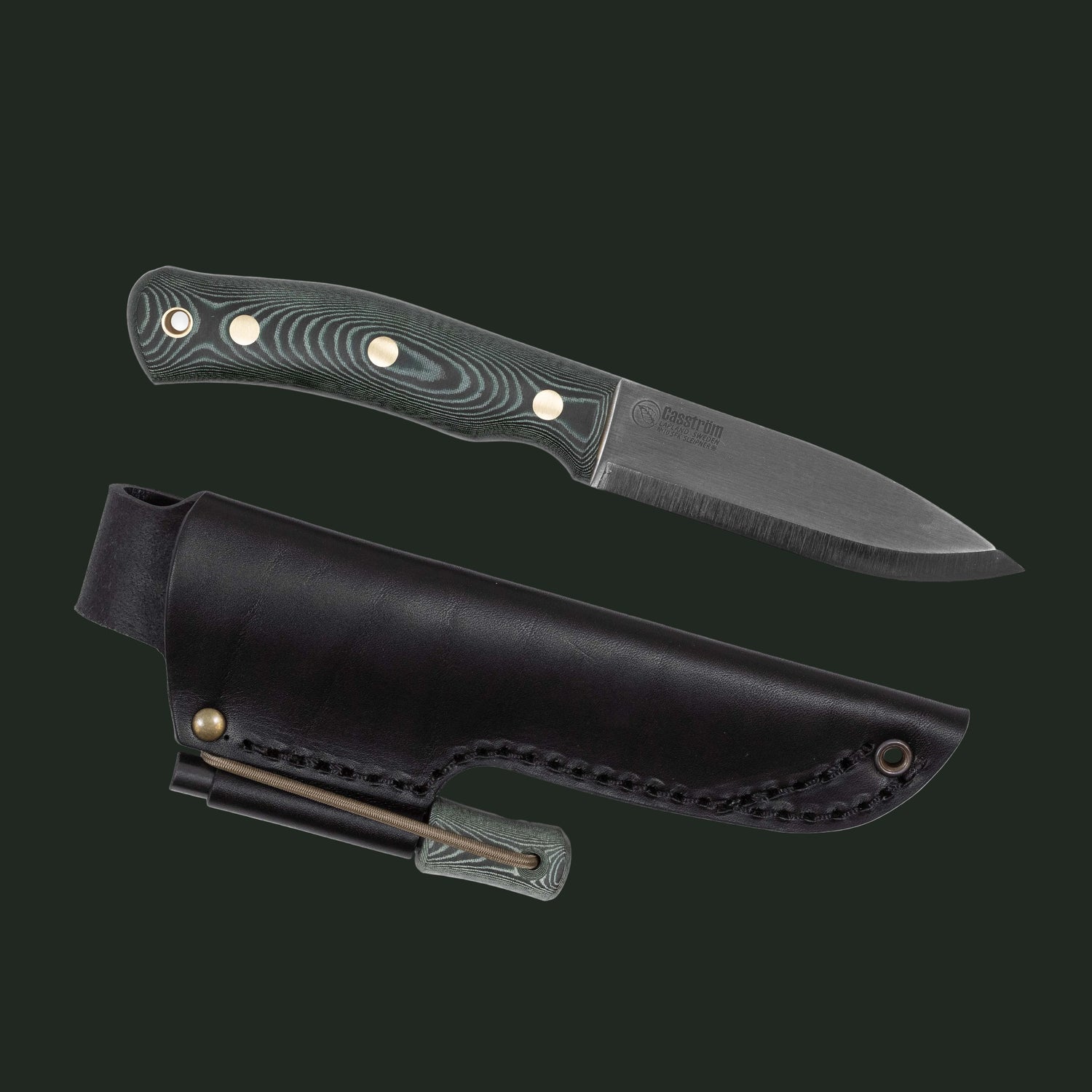 Studio product image of the Casström No.10 Swedish Forest Knife with green Micarta handle and matching firesteel on a white background.