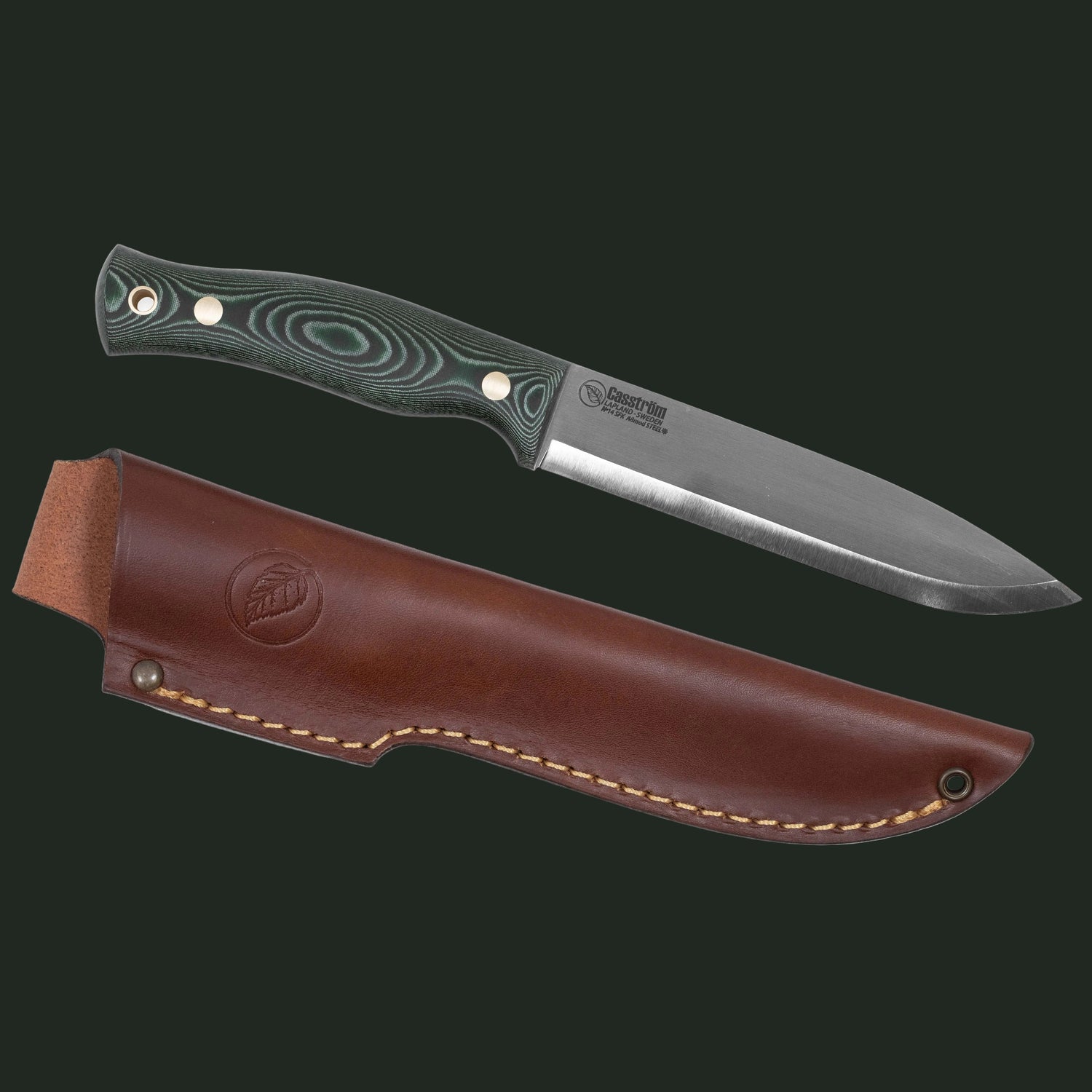 Casström No.14 SFK featuring a green Micarta handle with standard leather sheath in a studio product photograph.