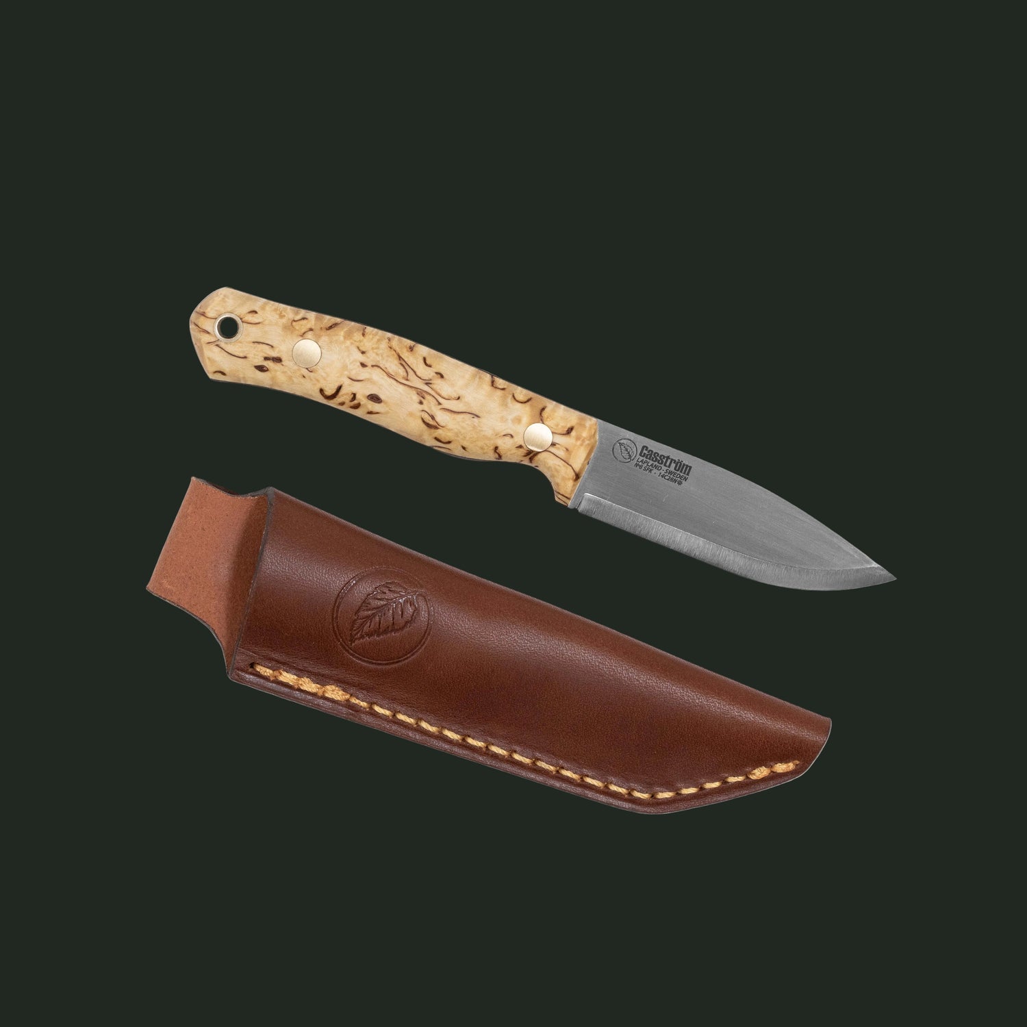 Casström No.8 SFK knife with curly birch handle and leather sheath on a white background