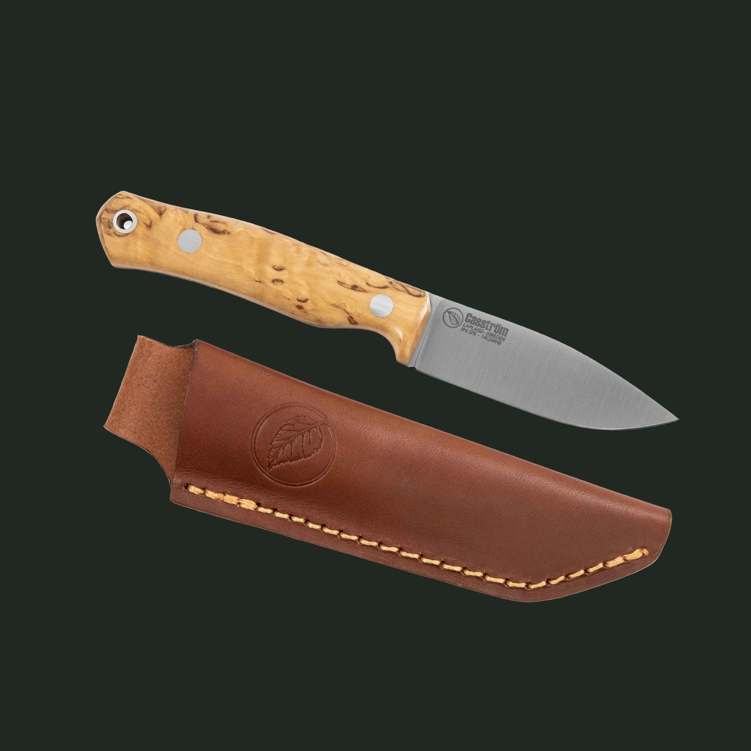 Studio image of the Casström No.8 SFK Flat Grind knife with stabilised curly birch handle on a white background.