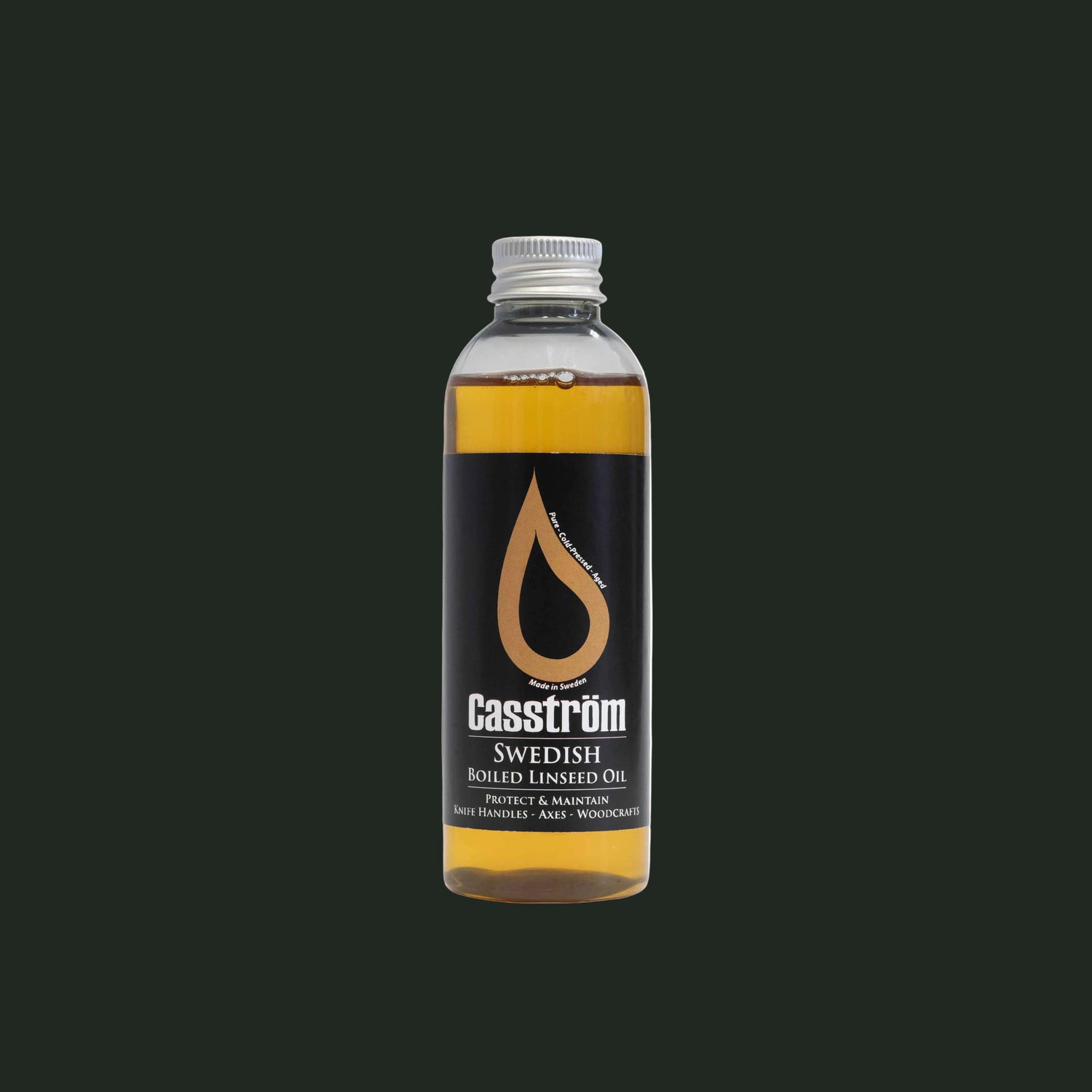 100ml bottle of Casström Boiled Linseed Oil on a white background.