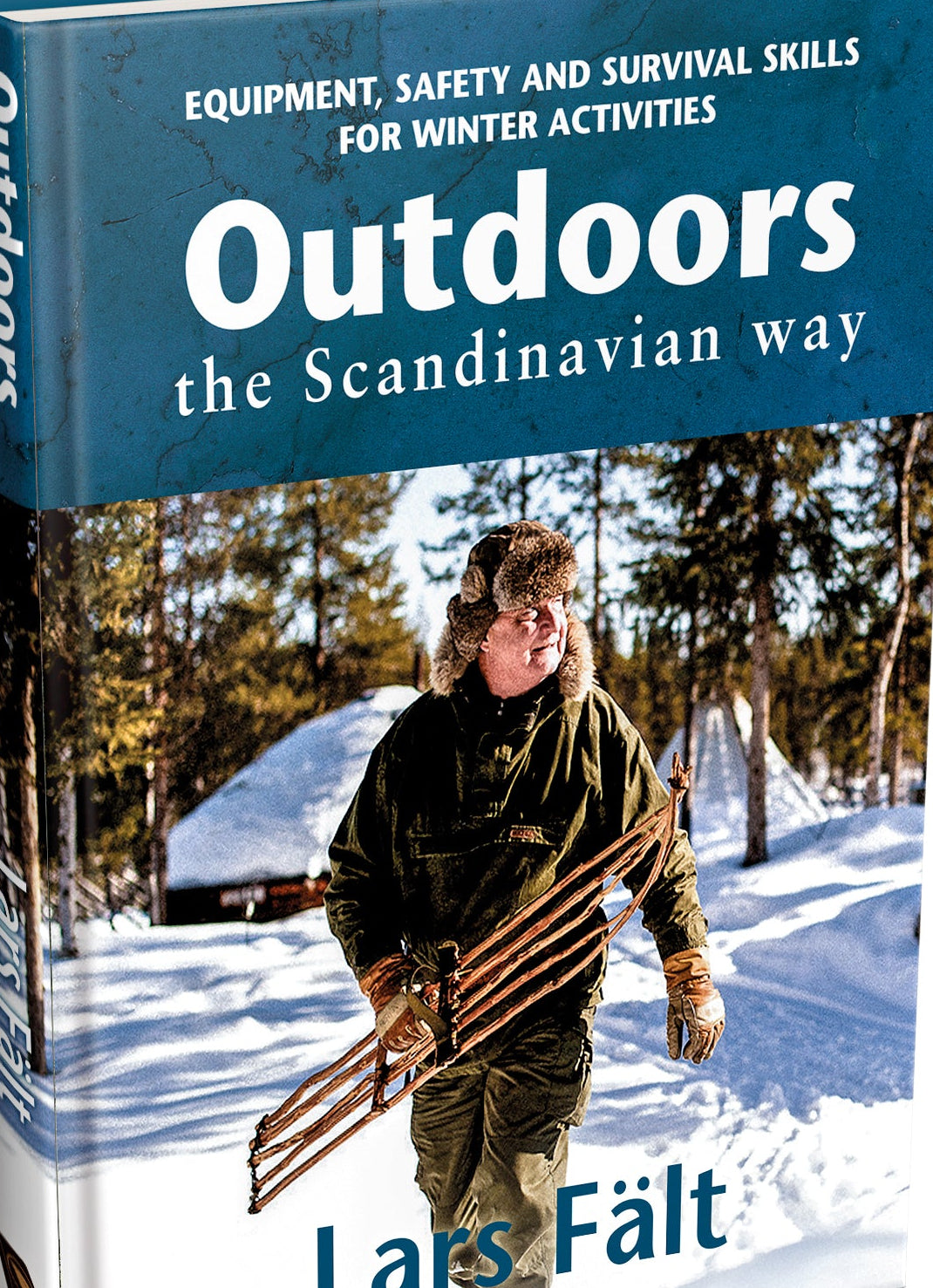 Book titled 'Outdoors the Scandinavian way - winter skills' by Lars Fält on a winter forest background