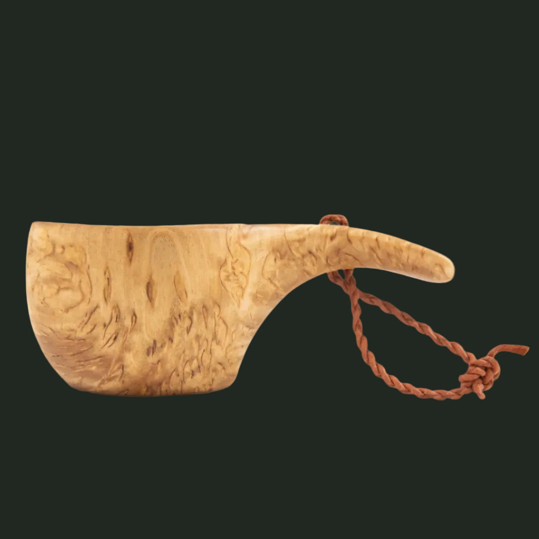 Traditional wooden kuksa cup with natural curly birch grain studio product image