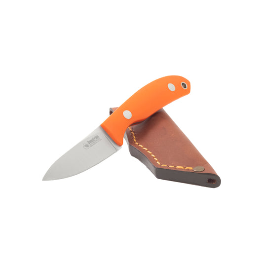 Casström Safari Mini-Hunter knife with orange handle and leather sheath