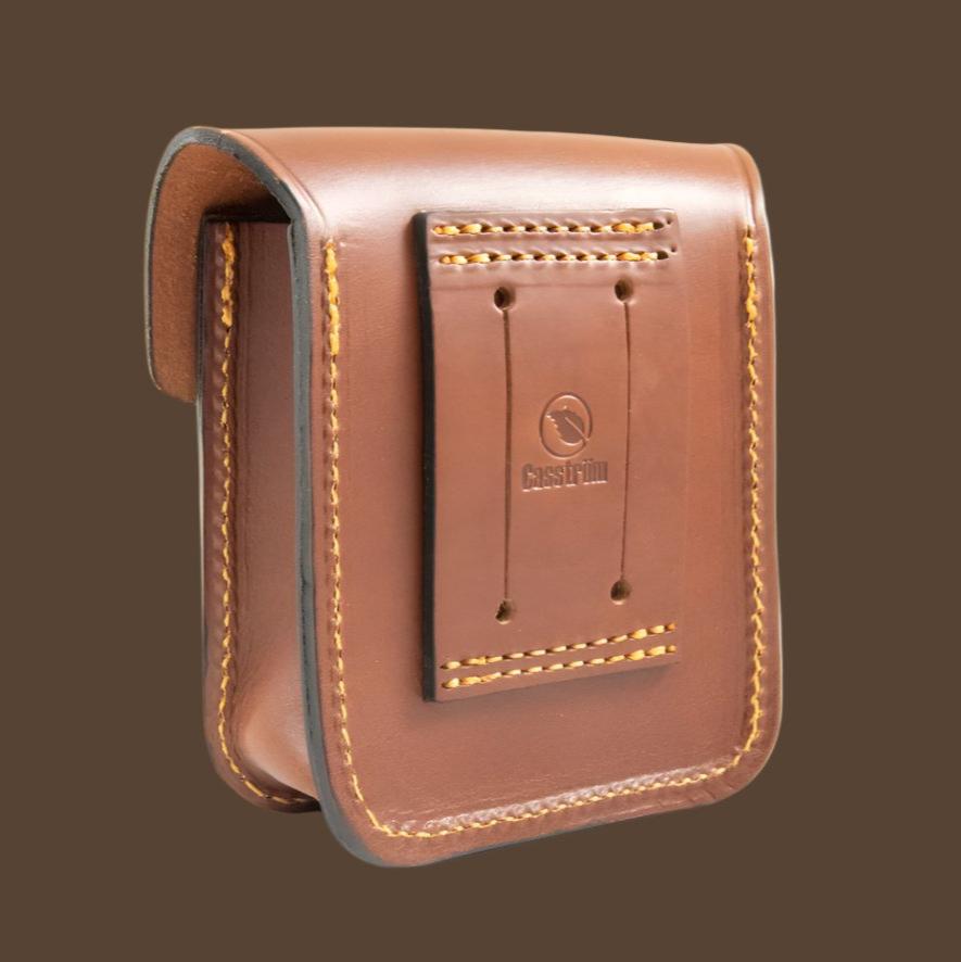 Back of the Casström Leather Possibles Pouch showing the stitched belt loop and the embossed Casström Leaf Logo