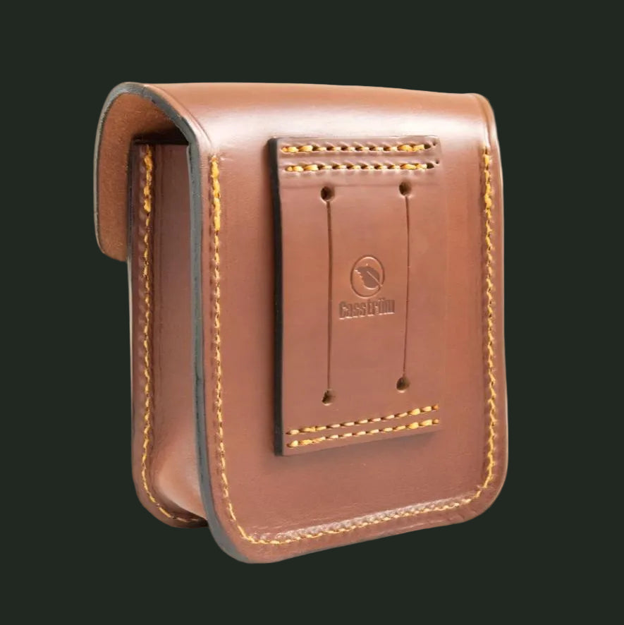Back of the Casström Leather Possibles Pouch showing the stitched belt loop and the embossed Casström Leaf Logo
