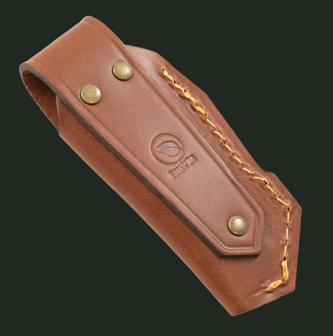 Rear view studio photograph of the Casström leather folding knife pouch showing belt attachment and crafted leather construction.