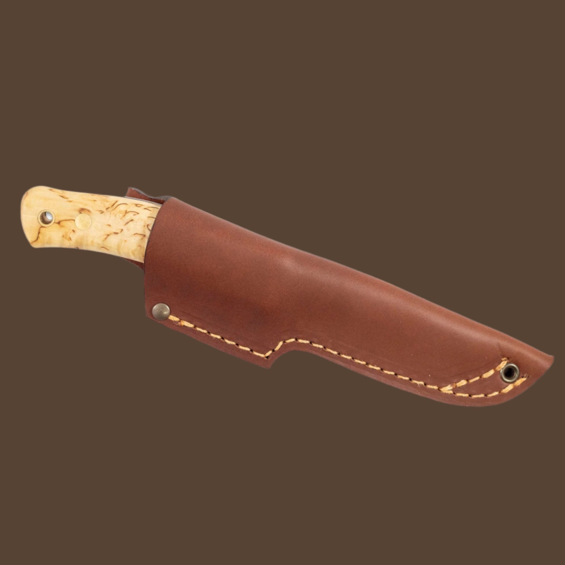 Casstrom No.10 Swedish Forest Knife. Sleipner steel blade, curly birch handle, and a cognac brown leather sheath