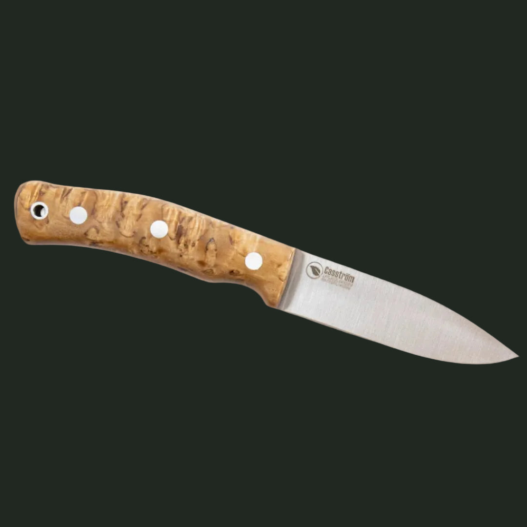 Studio product shot of the Casström No.10 Swedish Forest Knife Flat Grind with stabilised curly birch handle.