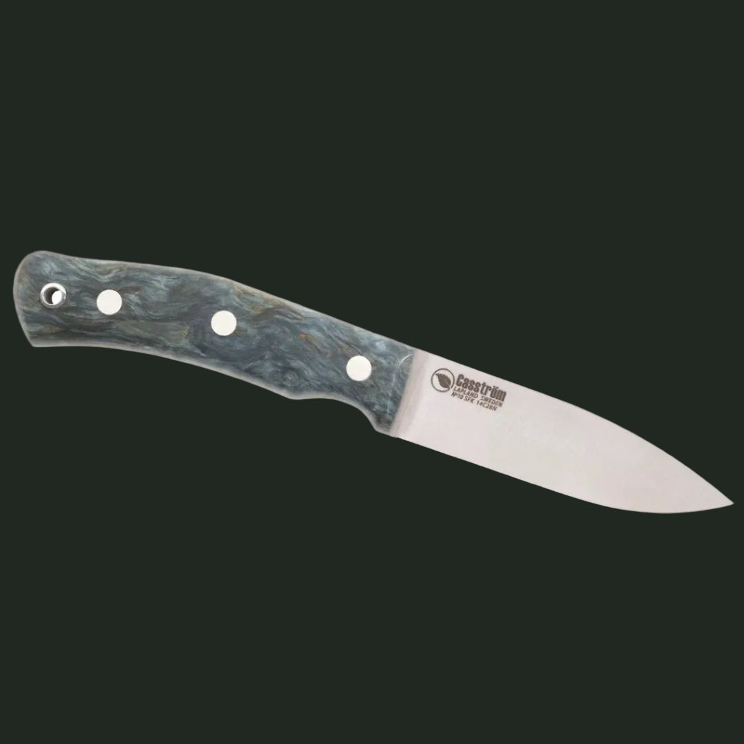 Casström No.10 SFK Flat Grind with stabilised curly birch “Ocean” handle shown on a white studio background.