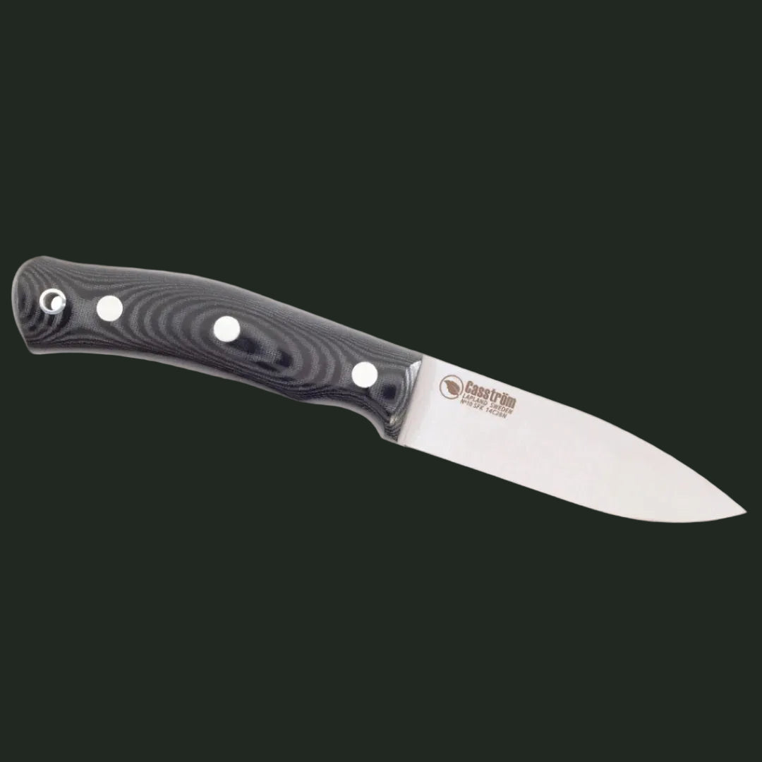 Casström No.10 SFK Flat Grind featuring a black Micarta handle displayed in a studio product photograph.