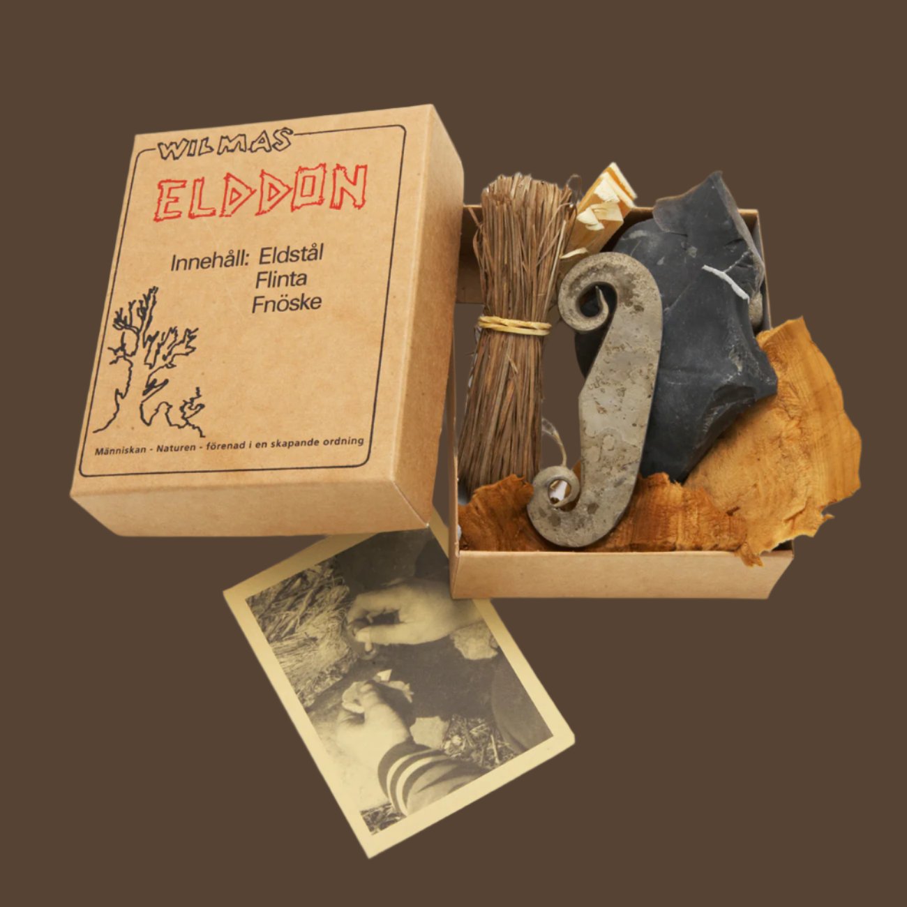 Elddon boxed firelighting kit from Wilma in Sweden, including a flint and steel and tinder