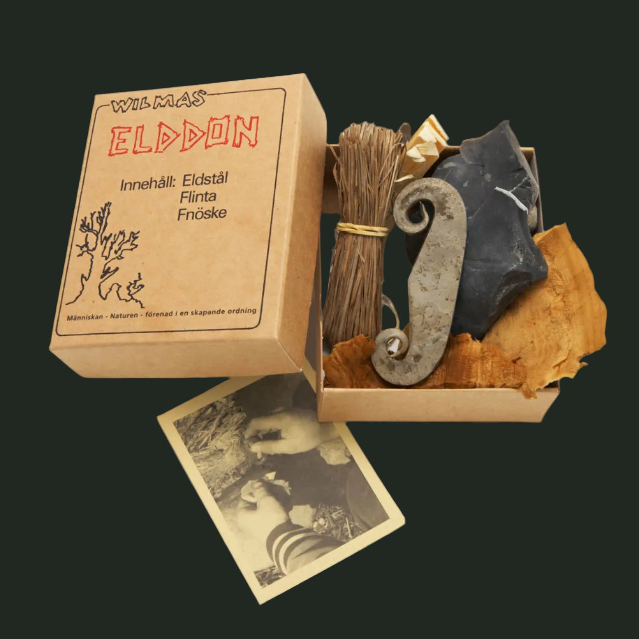 Elddon boxed firelighting kit from Wilma in Sweden, including a flint and steel and tinder