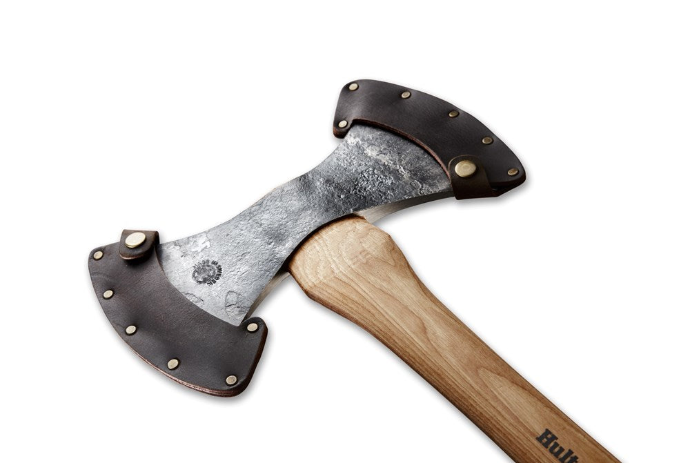 Swedish double bit throwing axe with leather sheath