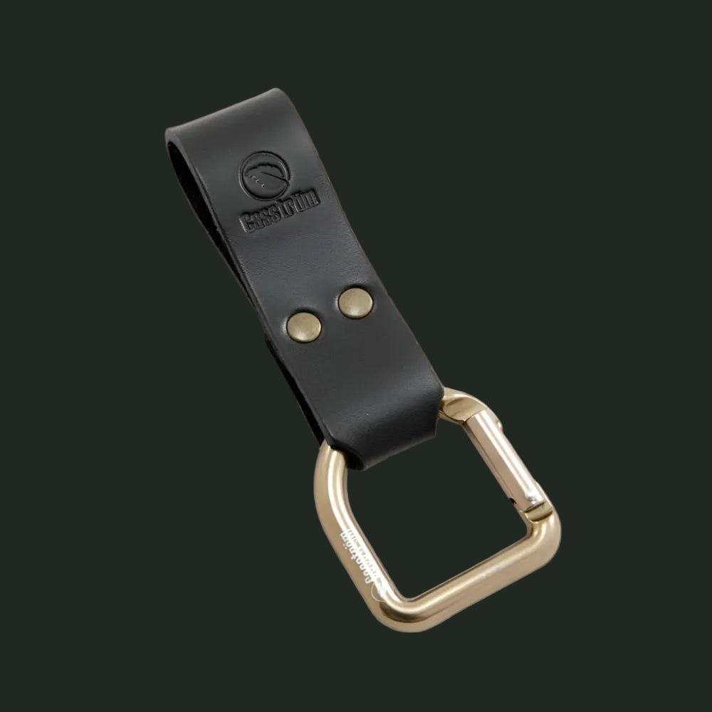Casström No.3 black leather dangler with brass D-ring isolated on white background