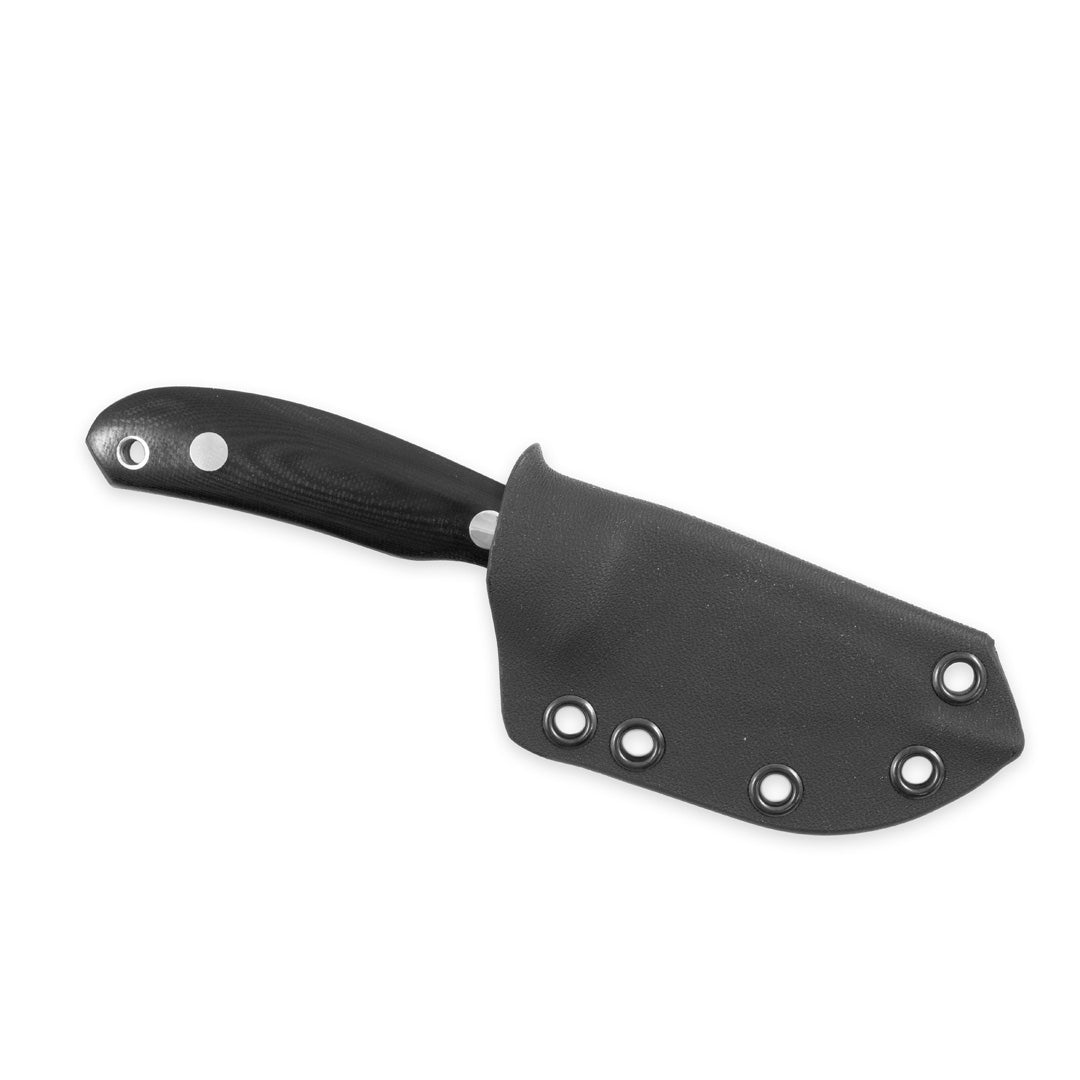 Casström Safari Mini Hunter knife with black handle in a Kydex sheath