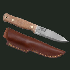 The Casström Lars Fält knife with canvas micarta handle and leather sheath.