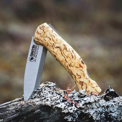 Casström Lock back pocket knife, half open position, positioned on a mossy branch.