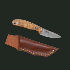 Casström Safari Mini-Hunter with stabilised curly birch handle and leather sheath