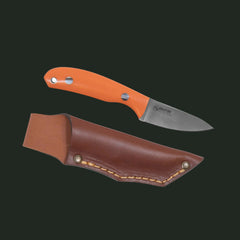 Casström Safari Mini-Hunter with orange G10 handle and leather sheath