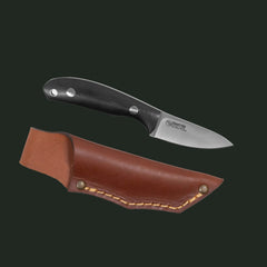Casström Safari Mini-Hunter with black micarta handle and leather sheath