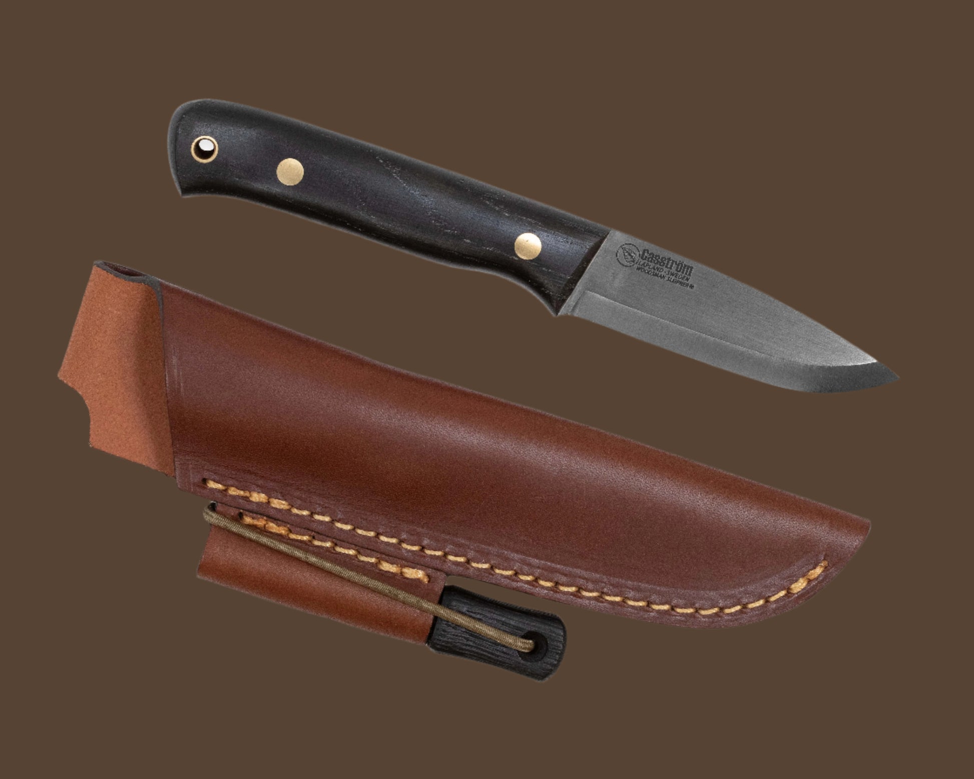 Casström Woodsman knife - Bog Oak Handle, with leather sheath and matching firesteel