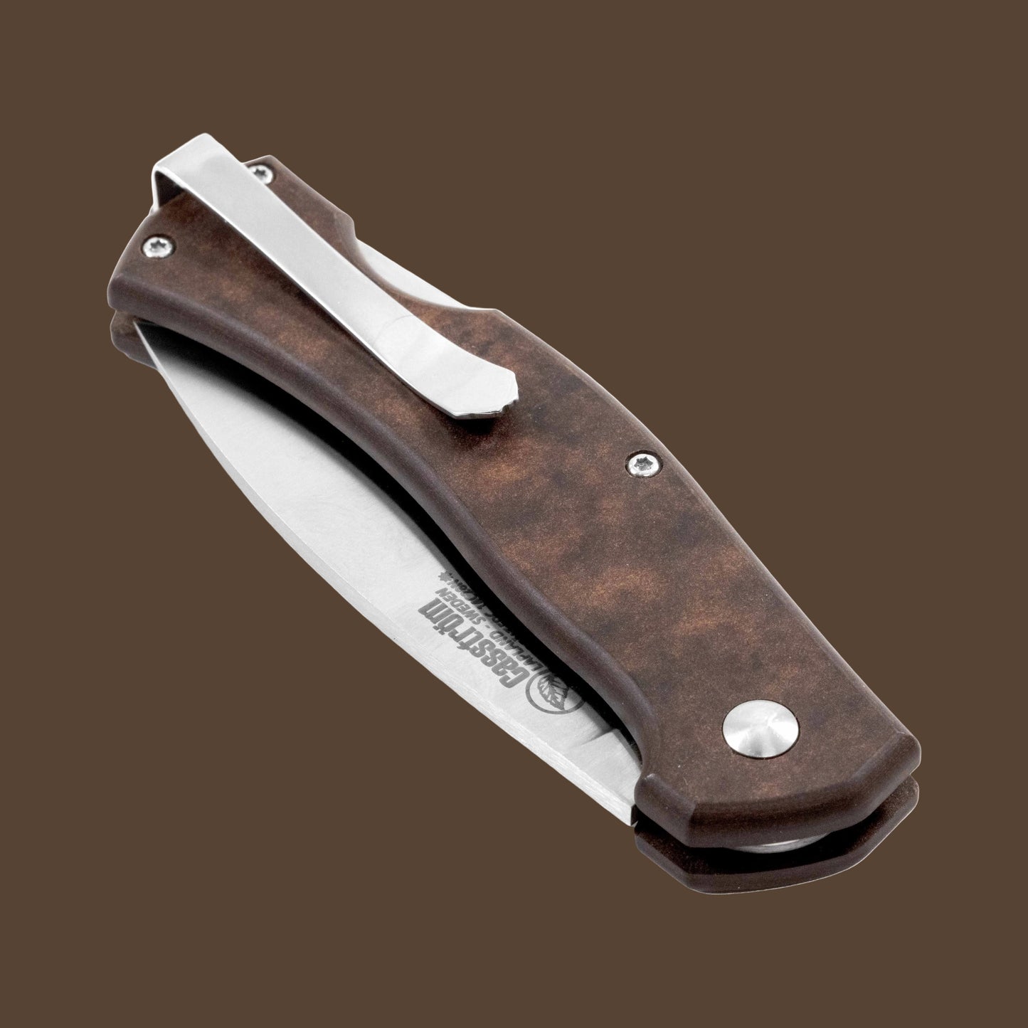 Folding knife with brown handle and silver blade on a white background