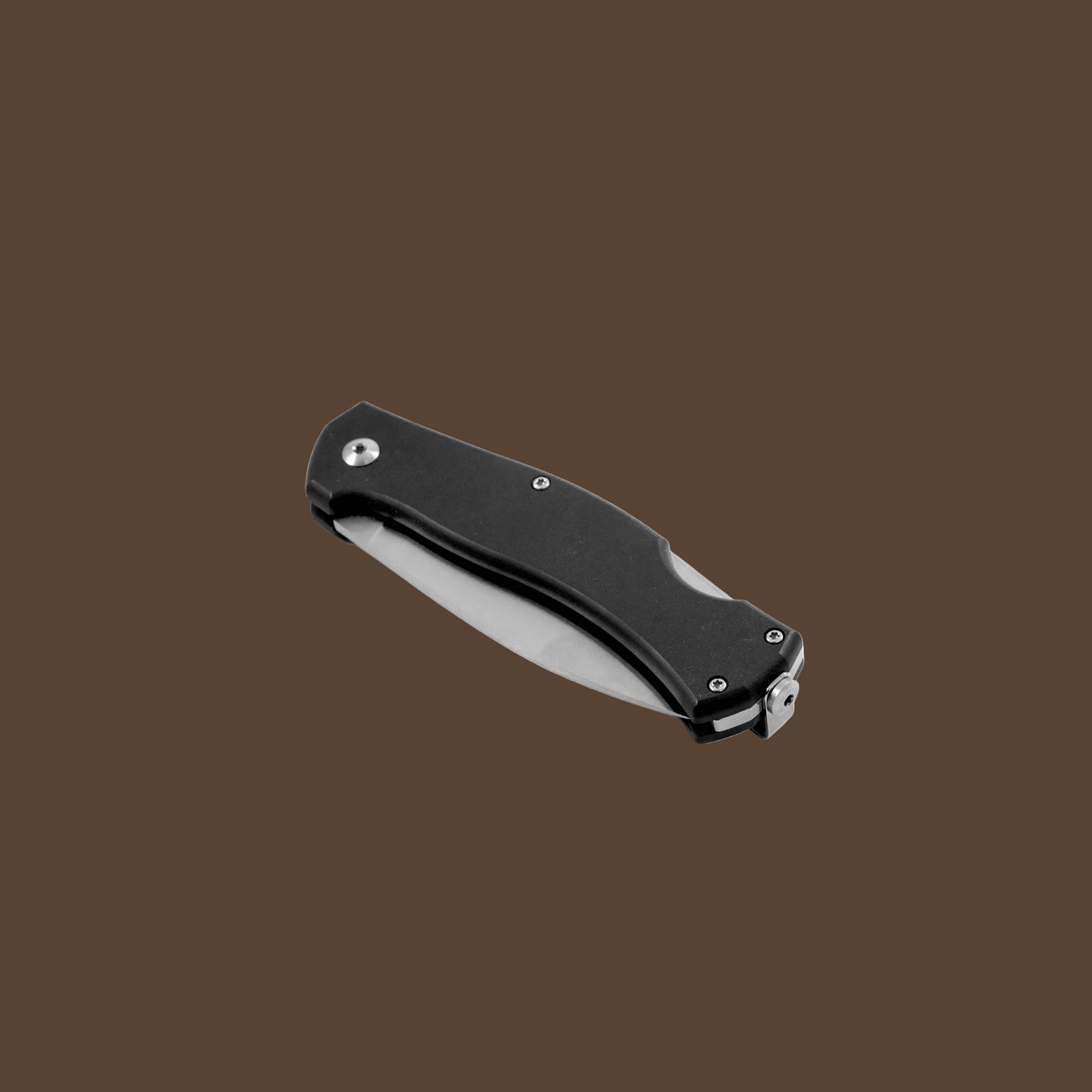 Folding knife with black handle and silver blade on a white background