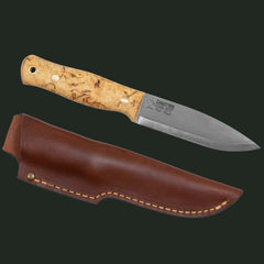 Casström Lars Fält Knife with curly birch handle and leather sheath