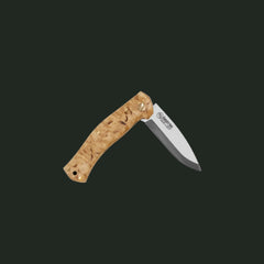Studio shot of the Lars Fält Slip Joint with curly birch handle and stainless steel blade.
