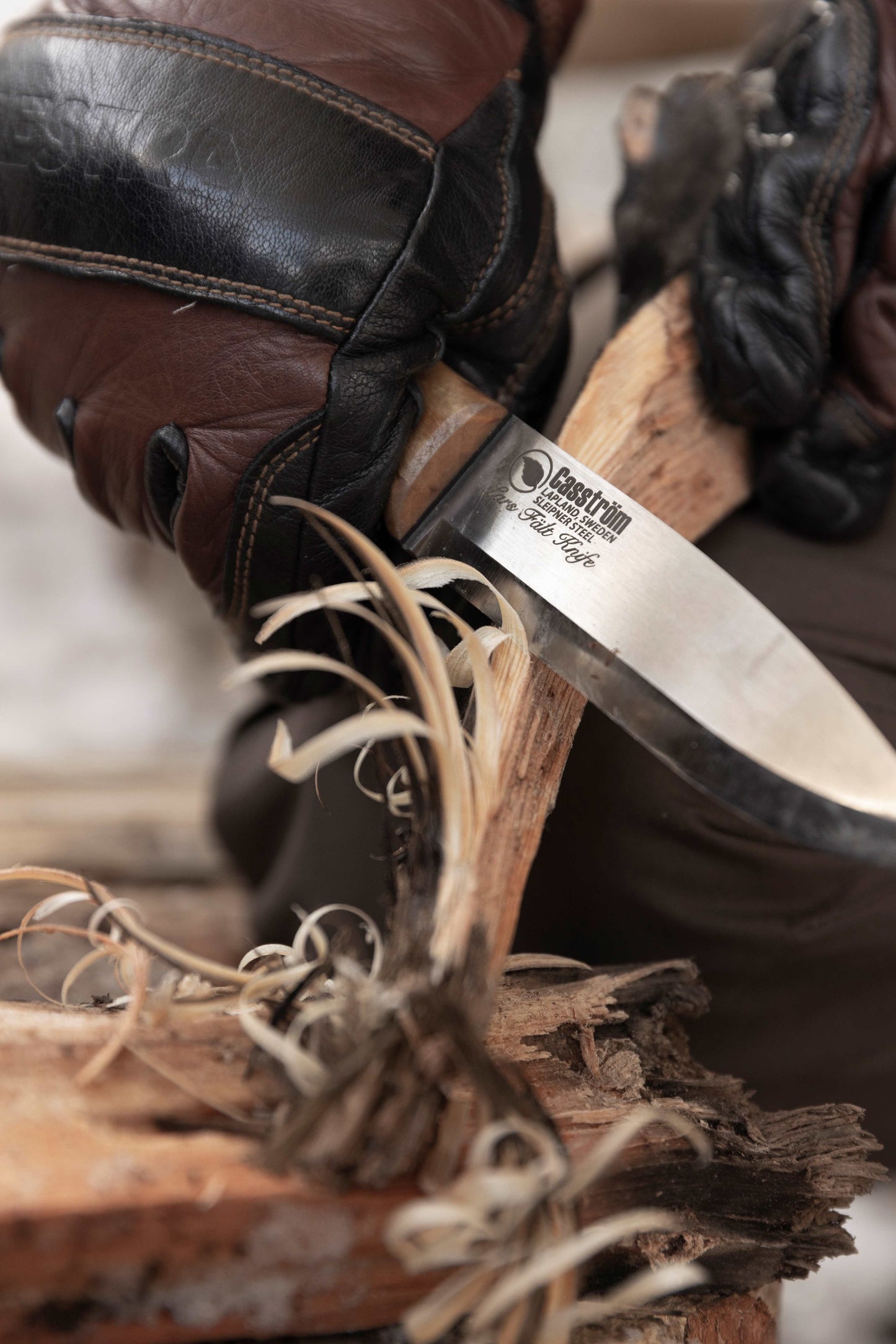 Carving feathersticks using the Casström Lars Fält bushcraft knife.