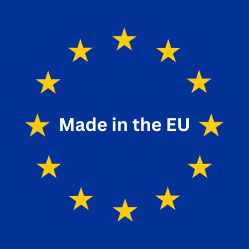 EU stars flag and "made in the EU" written between them.