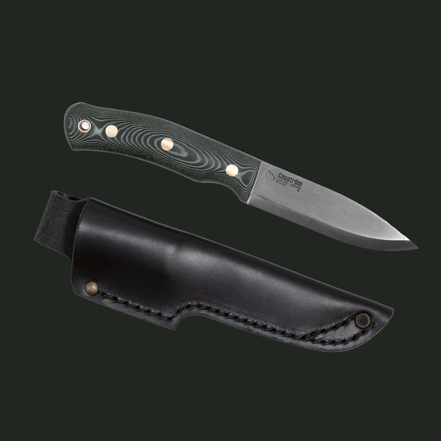 Studio product image of the Casström No.10 Swedish Forest Knife with green Micarta handle on a white background.