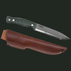 Casström No.14 SFK featuring a green Micarta handle with standard leather sheath in a studio product photograph.