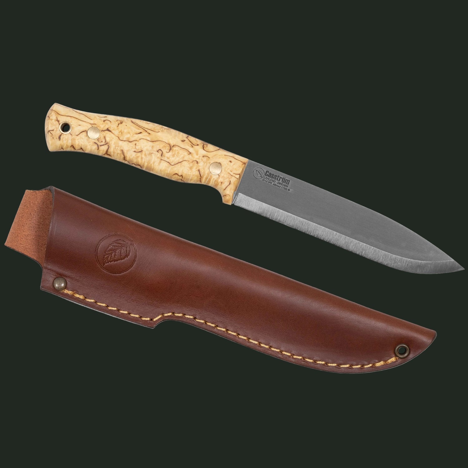 Studio image of the Casström No.14 Swedish Forest Knife with curly birch handle and leather sheath on a white background.