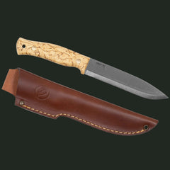 Studio image of the Casström No.14 Swedish Forest Knife with curly birch handle and leather sheath on a white background.