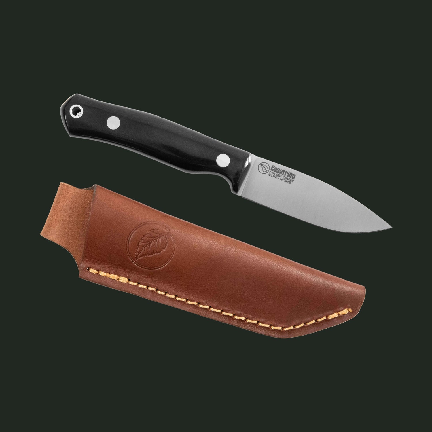 Studio product shot of the Casström No.8 SFK Flat Grind featuring a black Micarta handle and flat grind blade.