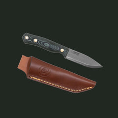Casström No.8 SFK knife with green micarta handle and leather sheath on a white background