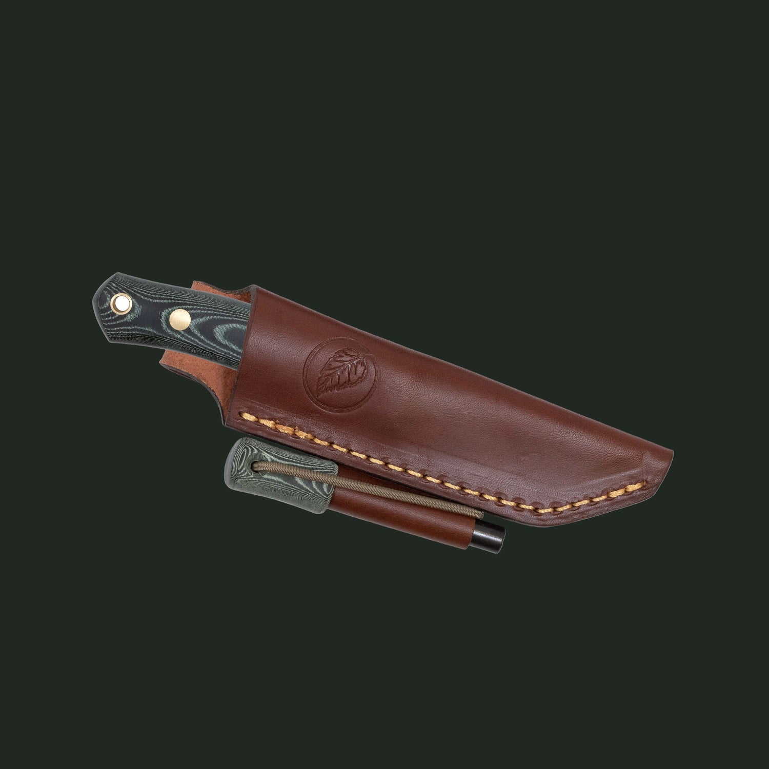 Casström No.8 SFK knife with green micarta handle, matching firesteel, and leather sheath on a white background