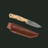 Casström No.8 SFK knife with curly birch handle and leather sheath on a white background