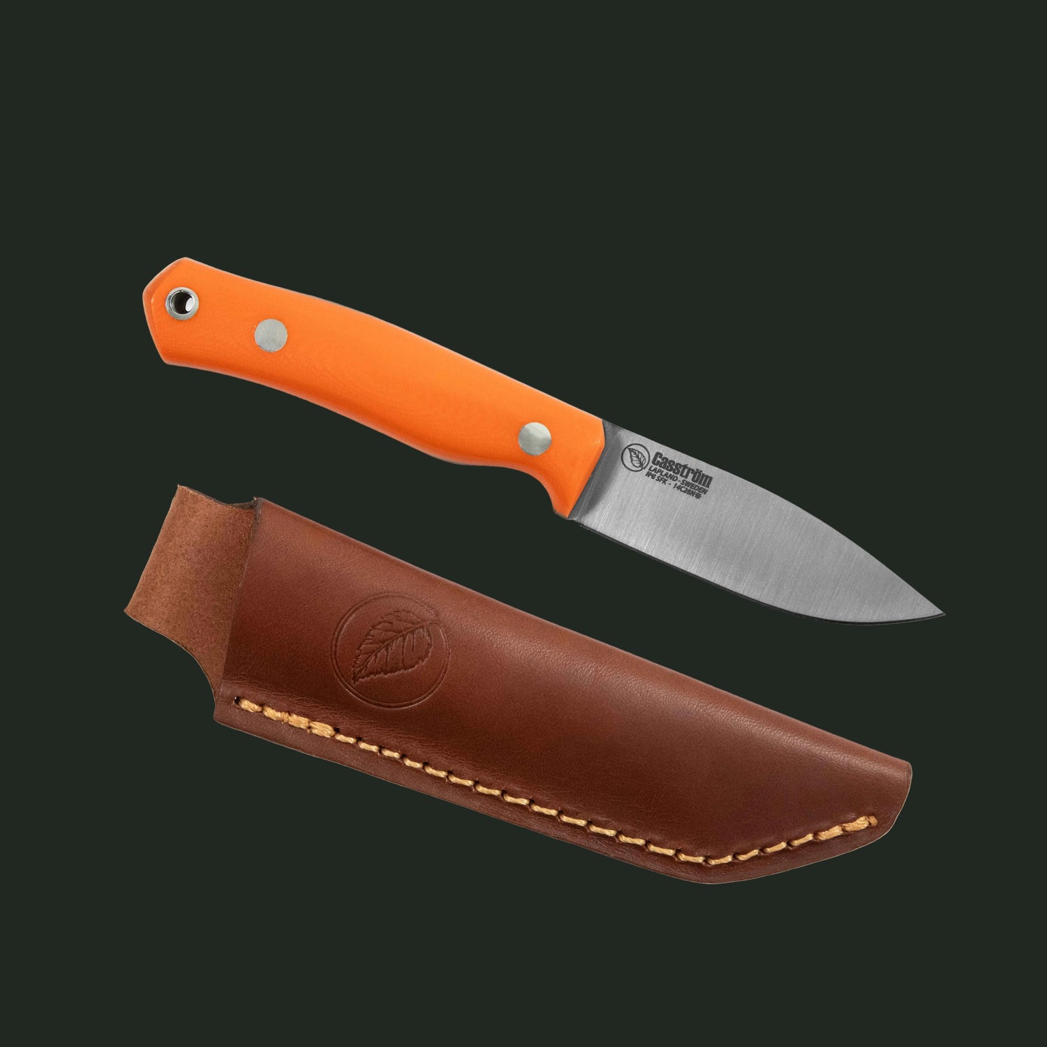 Casström No.8 SFK Flat Grind with orange G10 handle displayed in a studio product photo on a white background.