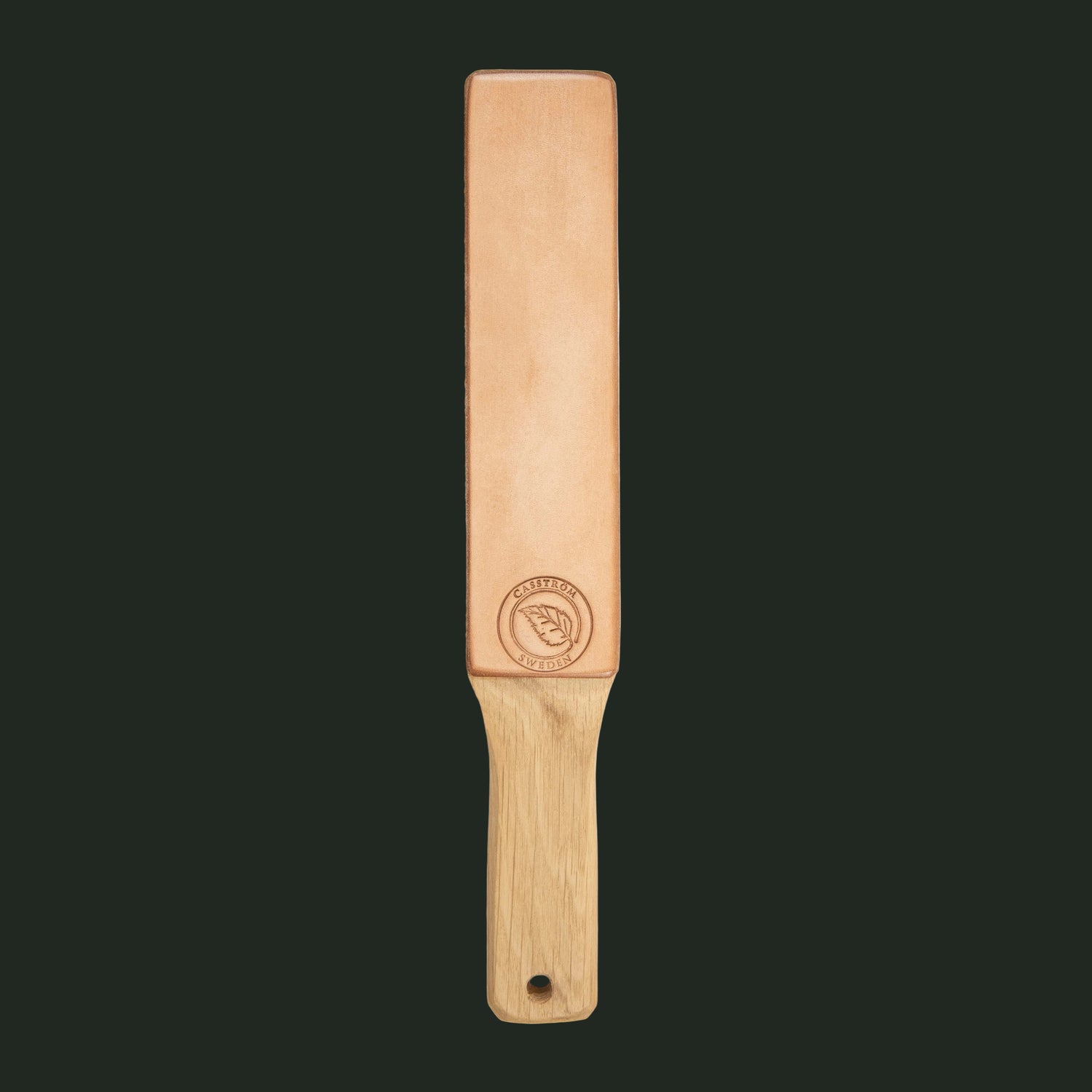 Studio image of the handcrafted Casström Paddle Strop leather sharpening strop on a white background.